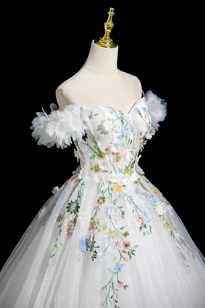 White Tulle Lace Long A-Line Prom Dress, Beautiful Off the Shoulder Party Dress